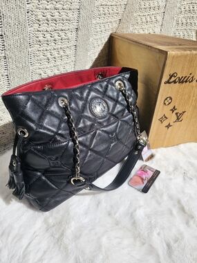 Quilted Black Tote Bag with Red Interior and Chain-Strap Details